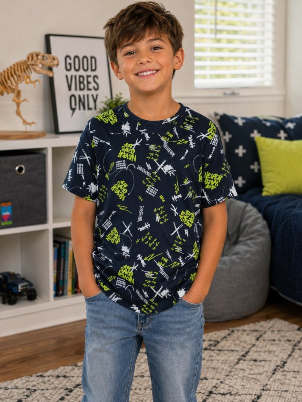 Highland Originals Boys Navy Graffiti Graphic T-Shirt Size 8 Neon Green NWT